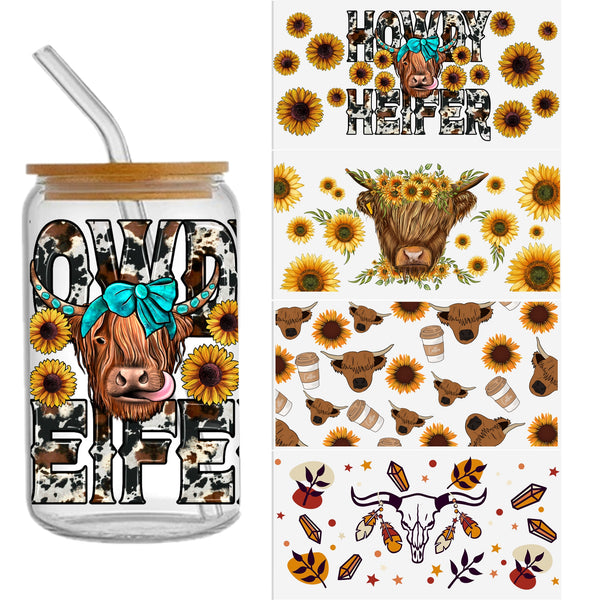 4ps/Set Waterproof Cow Sticker For 16oz Glass Cups,Uv Dtf Transfer Diy Crystal Label,Faith Cross Libbey Glass Wrap ,Vinyl Cup Wrap ,Uv Stickers Diy Sticker For Glass Bottle-High Quality (11x24cm) 4.3inX 9.4in