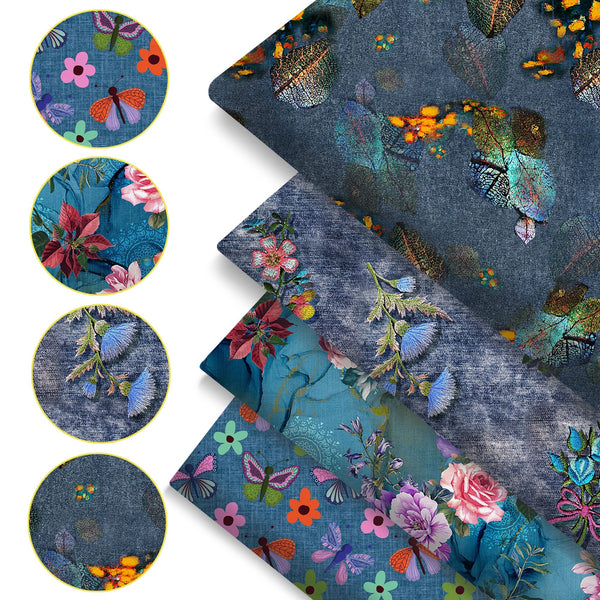 4Pc/set 7.87x7.87inch(20x20cm) flower denim pattern series Precut Quilting Fabric Fat Quarter Fabric Bundle, Polyester Quilting Squares for Patchwork, DIY Crafts Projects, DIY Wallet Making