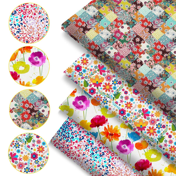 4Pc/set 7.87x7.87inch(20x20cm) flower series Precut Quilting Fabric Fat Quarter Fabric Bundle, Polyester Quilting Squares for Patchwork, DIY Crafts Projects, DIY Wallet Making
