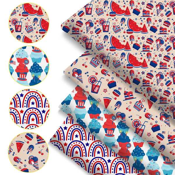 4Pc/set 7.87x7.87inch(20x20cm) Fourth of July Independence Day Precut Quilting Fabric Fat Quarter Fabric Bundle, Polyester Quilting Squares for Patchwork, DIY Crafts Projects, DIY Wallet Making