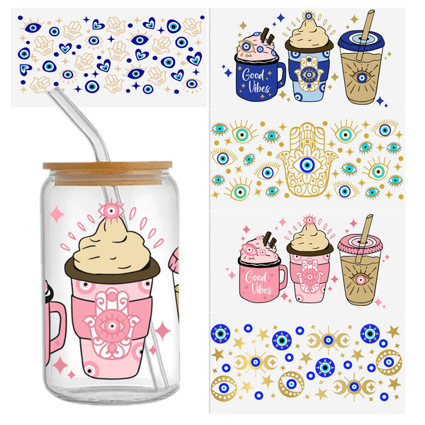 5pcs/set Lucky Eye Design Uv Dtf Cup Wrap Transfers Easy Peel Print Films Sticker Cold Uv Dtf Transfers For 16 Oz Glass Cups Wraps Tumbler