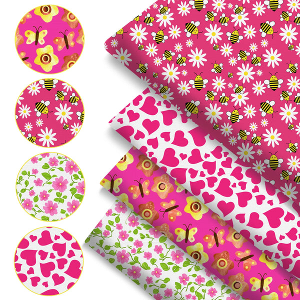 4Pc/set 7.87x7.87inch(20x20cm) flower series Bee butterfly heart love Precut Quilting Fabric Fat Quarter Fabric Bundle, Polyester Quilting Squares for Patchwork, DIY Crafts Projects, DIY Wallet Making