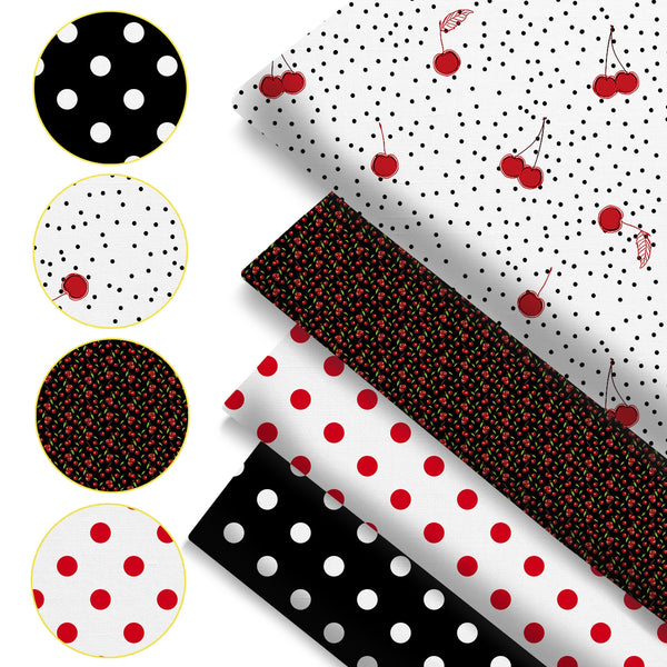 4Pc/set 7.87x7.87inch(20x20cm) cherry dot series Precut Quilting Fabric Fat Quarter Fabric Bundle, Polyester Quilting Squares for Patchwork, DIY Crafts Projects, DIY Wallet Making