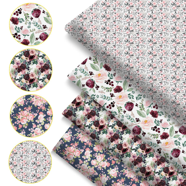 4Pc/set 7.87x7.87inch(20x20cm) flower series Precut Quilting Fabric Fat Quarter Fabric Bundle, Polyester Quilting Squares for Patchwork, DIY Crafts Projects, DIY Wallet Making