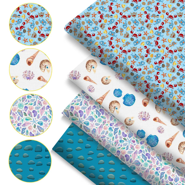 4Pc/set 7.87x7.87inch(20x20cm) ocean series starfish star shell Conch Precut Quilting Fabric Fat Quarter Fabric Bundle, Polyester Quilting Squares for Patchwork, DIY Crafts Projects, DIY Wallet Making