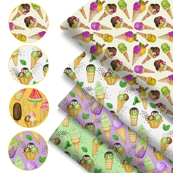 4Pc/set 7.87x7.87inch(20x20cm) Ice Cream series Precut Quilting Fabric Fat Quarter Fabric Bundle, Polyester Quilting Squares for Patchwork, DIY Crafts Projects, DIY Wallet Making
