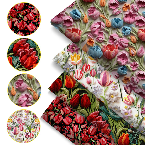 4Pc/set 7.87x7.87inch(20x20cm) tulip Imitation embroidery series Precut Quilting Fabric Fat Quarter Fabric Bundle, Polyester Quilting Squares for Patchwork, DIY Crafts Projects, DIY Wallet Making