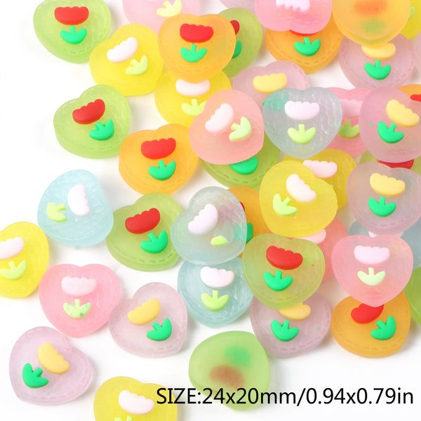 10Piece Random Colors Frosted Heart Tulip 3D Resin DIY Hair Bow Wedding Scrapbook Accessories Crafts Cabochon Charms