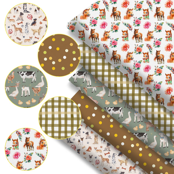 5Pc/set 7.87x7.87inch/19.68x17.7inch horse cow dog Precut Quilting Fabric Fat Quarter Fabric Bundle, Polyester Quilting Squares for Patchwork, DIY Crafts Projects, DIY Wallet Making