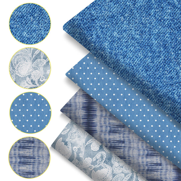 4Pc/set 7.87x7.87inch(20x20cm) denim pattern series Precut Quilting Fabric Fat Quarter Fabric Bundle, Polyester Quilting Squares for Patchwork, DIY Crafts Projects, DIY Wallet Making