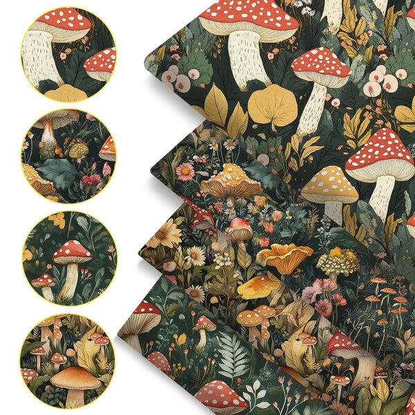 4Pc/set 7.87x7.87inch(20x20cm) mushroom series Precut Quilting Fabric Fat Quarter Fabric Bundle, Polyester Quilting Squares for Patchwork, DIY Crafts Projects, DIY Wallet Making