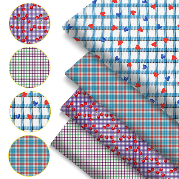 4Pc/set 7.87x7.87inch(20x20cm) plaid heart cherry Precut Quilting Fabric Fat Quarter Fabric Bundle, Polyester Quilting Squares for Patchwork, DIY Crafts Projects, DIY Wallet Making