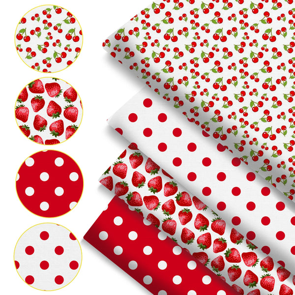 4Pc/set 7.87x7.87inch(20x20cm) cherry dot series Precut Quilting Fabric Fat Quarter Fabric Bundle, Polyester Quilting Squares for Patchwork, DIY Crafts Projects, DIY Wallet Making