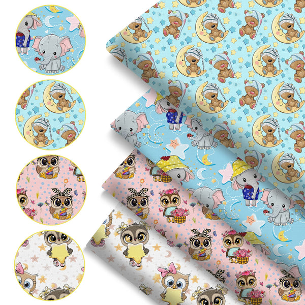 4Pc/set 19.68x17.7inch(50x45cm) owl series Precut Quilting Fabric Fat Quarter Fabric Bundle, Polyester Quilting Squares for Patchwork, DIY Crafts Projects, DIY Wallet Making