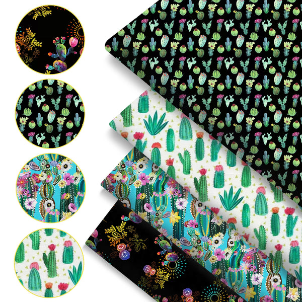 4Pc/set 7.87x7.87inch(20x20cm) cactus series Precut Quilting Fabric Fat Quarter Fabric Bundle, Polyester Quilting Squares for Patchwork, DIY Crafts Projects, DIY Wallet Making