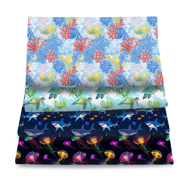 4Pc/set 19.68x17.7inch(50x45cm) turtle Fish ocean series Precut Quilting Fabric Fat Quarter Fabric Bundle, Polyester Quilting Squares for Patchwork, DIY Crafts Projects, DIY Wallet Making